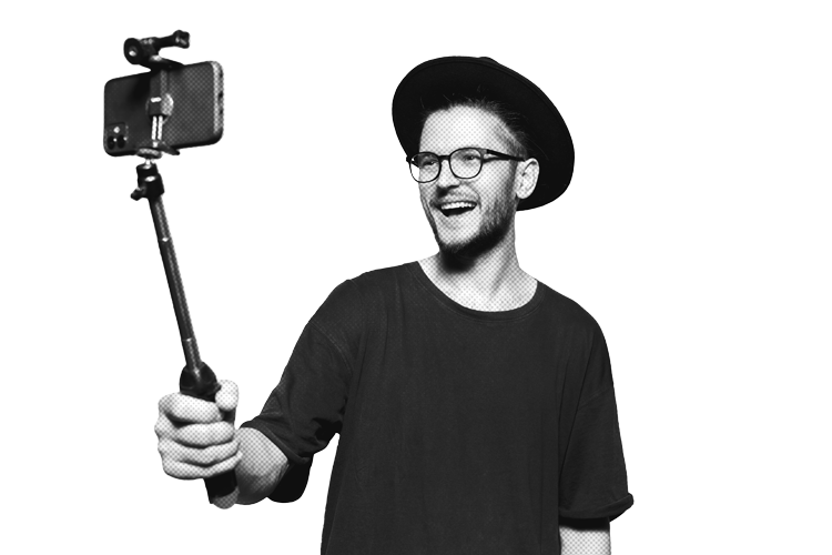 Man with selfie stick taking a picture.