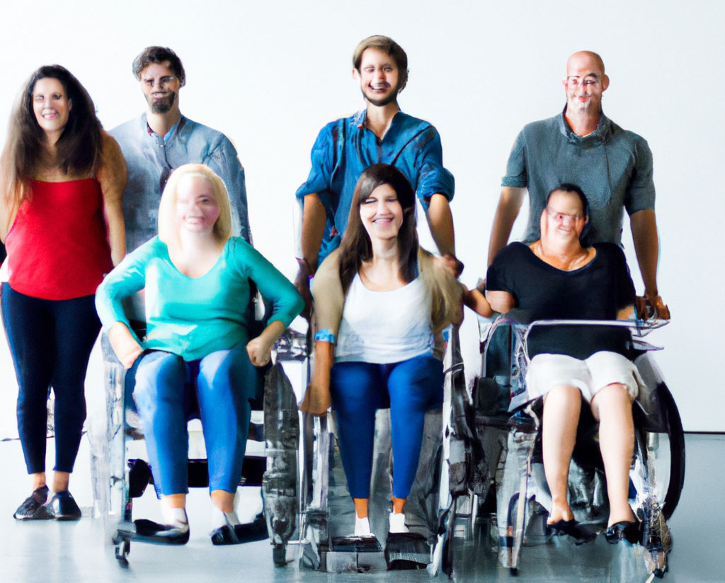 A group of seven computer generated white figures against a white background, three look to be in wheelchairs, although the details are unclear.