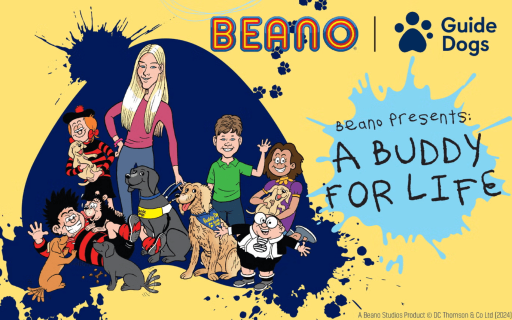 Illustration showing Alex, a boy with his guide dog, surrounded by Beano characters to show the collaboration between Beano and Guide Dogs.