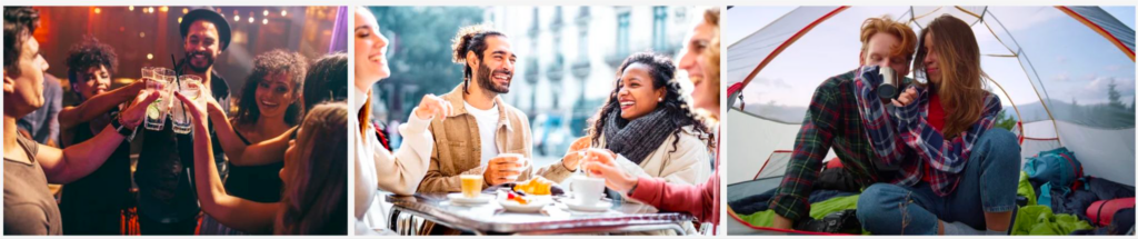 A collection of photographs showing non-disabled people drinking in social settings with other people.