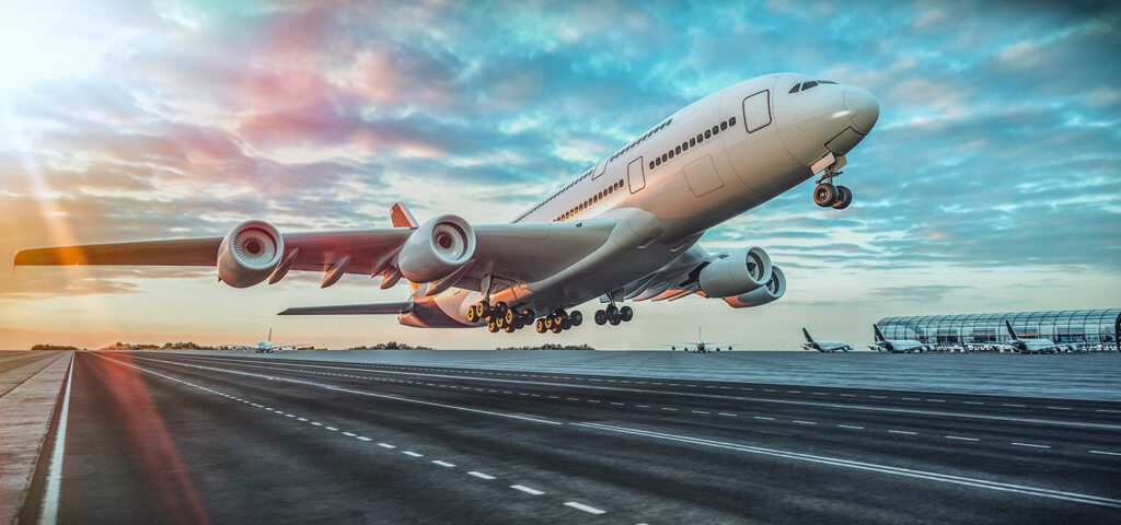 Aeroplane taking off from a runway.