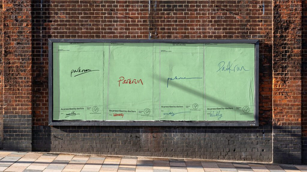 A billboard showing four doctor prescription forms with the word "Parkrun," handwritten in each one with the 'dose' being "weekly."