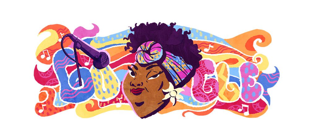 Illustrated portrait of Lizzie Emeh next to a microphone in front of the "Google," text for the 9th October's Google Doodle.