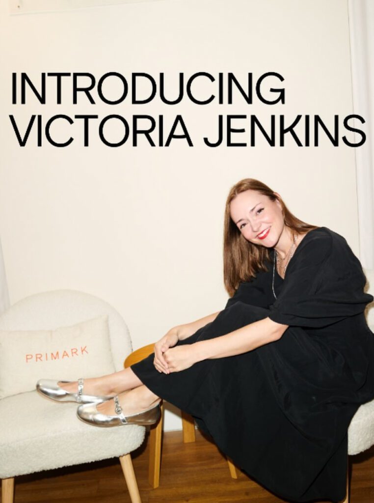 Victoria Jenkins sits across two chairs with Primark cushions. Text at the top reads: "Introducing Victoria Jenkins."