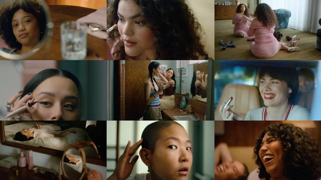 Series of frames showcasing a diverse range of women interacting with make up as part of Rare Beauty's 'Every Side of You,' campaign.