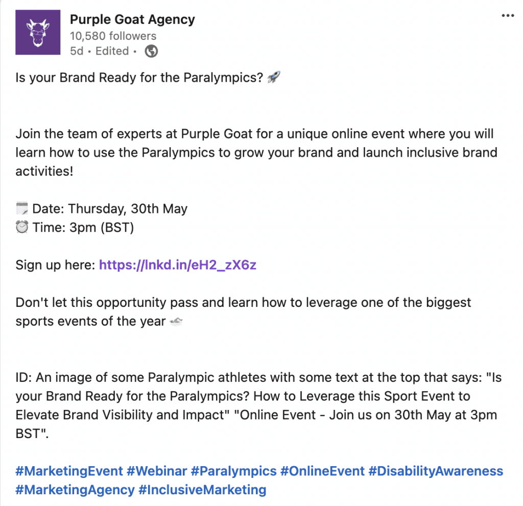 A post from Purple Goat Agency on LinkedIn where they are sharing some information about an upcoming online event they're organising. The post has a clear headline, and the use of emojis helps understand the post better without overusing them.