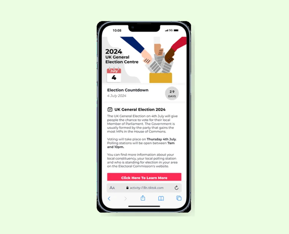A phone mockup showing a screen from TikTok giving information about the UK election on the fourth of July.