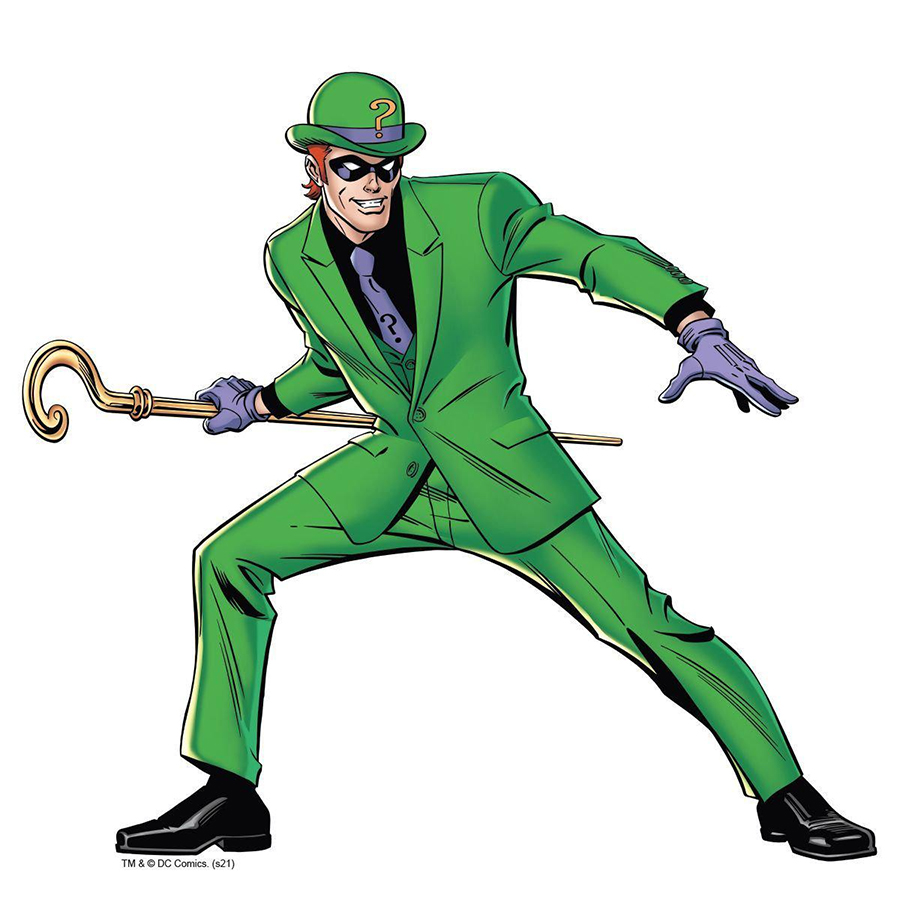 Batman villain The Riddler - a man in a whole green suit with a walking stick with a question mark at the tip.