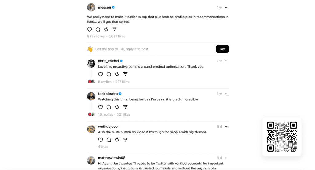 A Thread by Mosseri shown on a desktop layout with a chain of replies underneath. There is a QR code in the bottom right corner prompting the user to download Threads on their mobile device.