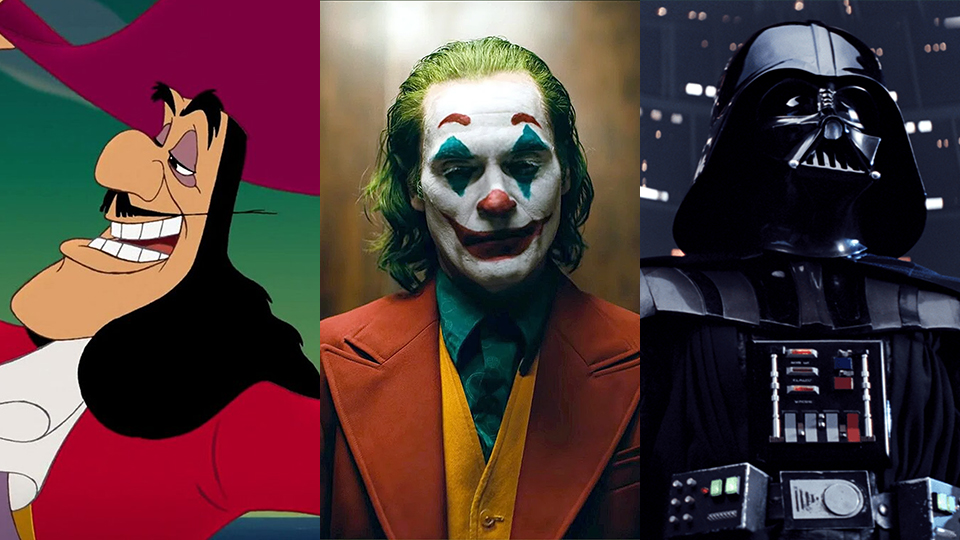 Split screen of Captain Hook, The Joker and Darth Vader.