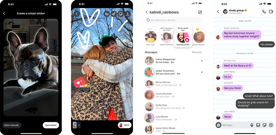 Screenshots demonstrating some of the new visual updates for Instagram DMs such as themes for chats.