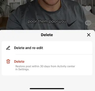 Screenshot showcasing the new 'Delete and re-edit' button that's onTikTok when making videos.