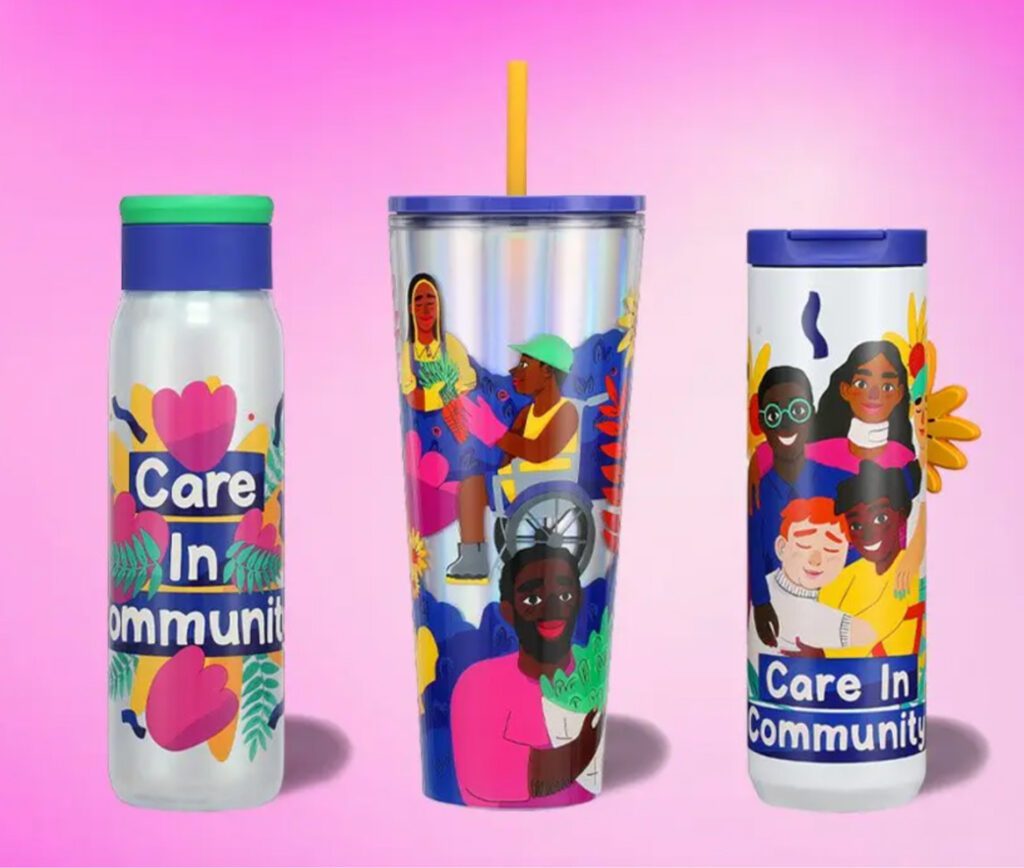 A series of vibrant, inclusive images on Starbucks drinks cups that show a diverse group of people in celebration of Disability Pride Month.