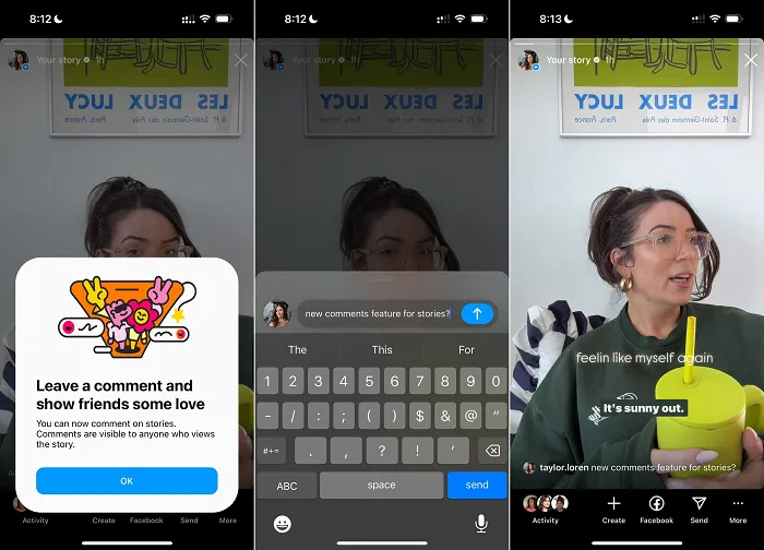 Screenshots showcasing the new comments feature on Instagram Stories.