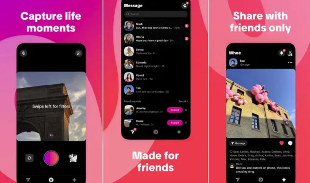 Screenshots of different features within the new Whee photo-sharing app.