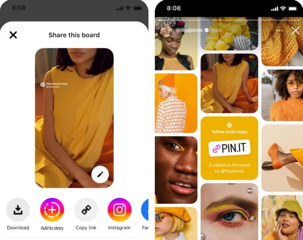 A screenshot of someone sharing a yellow-style Pinterest board on their Instagram stories.