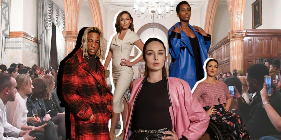 An image from one of the London Represents venue, with some cut outs of the models, including a diverse group of races, gender, body shapes and disabilities.