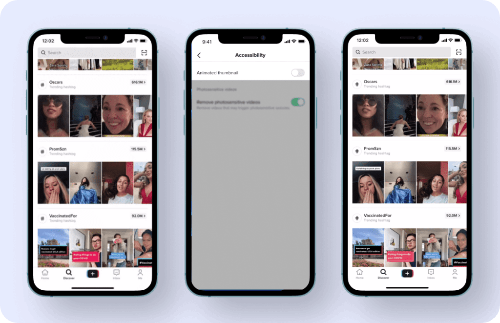 Three phone screens. The two on the outside show TikTok videos on a search page with static thumbnail images. The phone in the middle shows the accessibility section of the app where you can turn off animated thumbnails. 