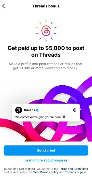 A screen from the Threads app showing that the user can earn up to $5,000 for posting on Threads.