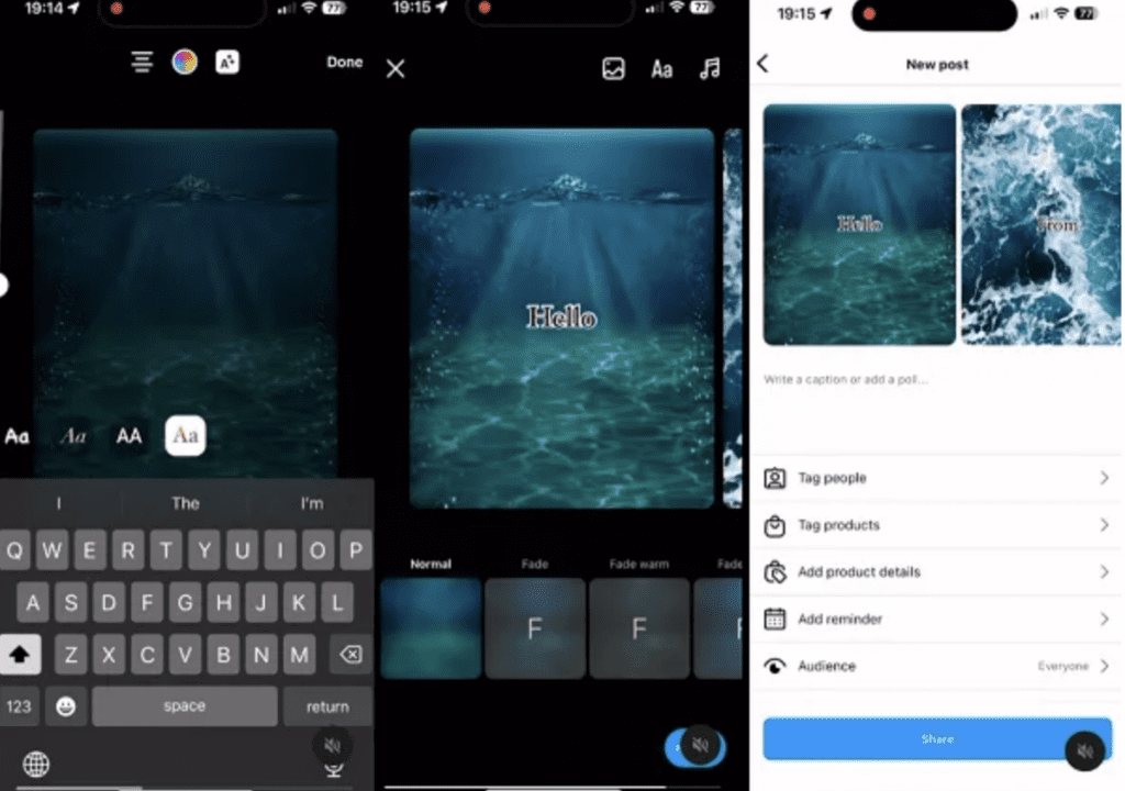 A demonstration of Instagram's new carousel features, where text is being added over the top of photos of the ocean.