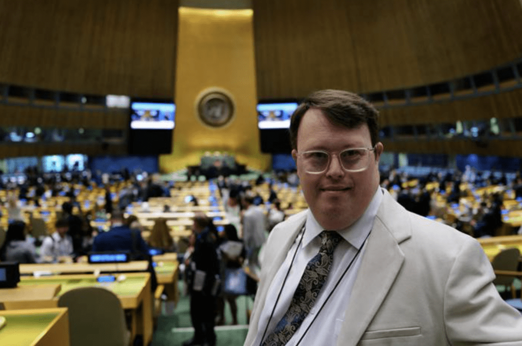 Nick Herd, a man with Down Syndrome, is at the UN Headquarters as part of the Disability Issues Conference.